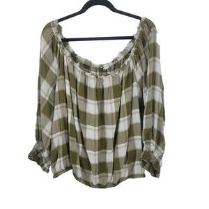 Cato Womens Plus 26/28W Picnic Plaid Peasant Top Rayon Green White Off Shoulder